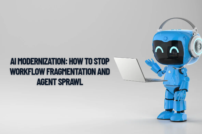 Enterprise AI modernization showing connected agents, orchestration layer, and reduced workflow fragmentation